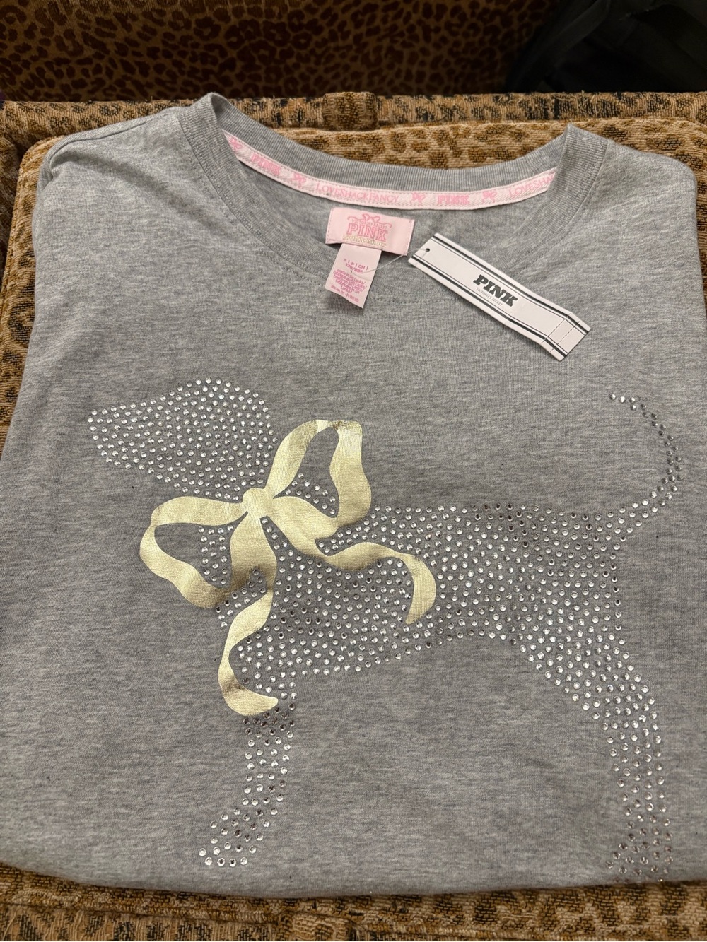 LoveShackFancy Gray Short Sleeve Tee with Gold Bow Rhinestone Dog Motif - Picture 2 of 10